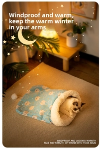Plush light blue pet sleeping bag with cute rabbit pattern and warm lamb wool lining