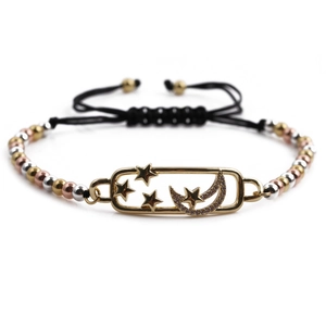 Adjustable woven star and moon charm bracelet with gold-plated beads and zircon