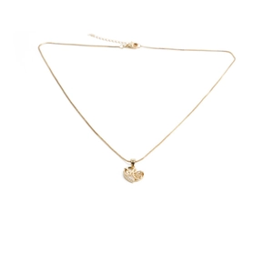 Close-up of a gold heart-shaped Mom pendant with intricate cutout details and a thin chain