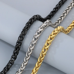Detail showing 10mm stainless steel basket weave chains in black, silver, and gold colors