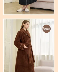 Detail of coconut brown plush long bathrobe with soft fleece texture and belted waist