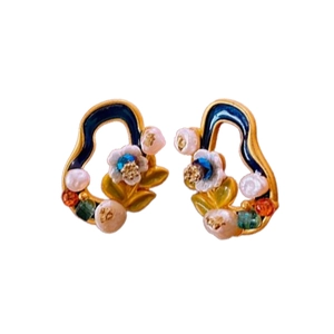 Vintage floral drop earrings with blue enamel, freshwater pearls and colorful gemstones