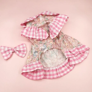 Pink floral pet dress set with plaid ruffle trim and matching bow for dogs and cats