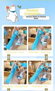 Detailed views of polar bear liquid sand keychains in star, heart, and cube shapes