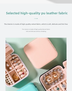 Close-up of portable jewelry box with PU leather exterior and soft velvet interior lining