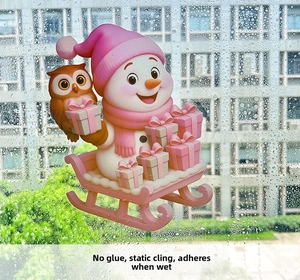 Christmas snowman and owl static window stickers with water-activated adhesion