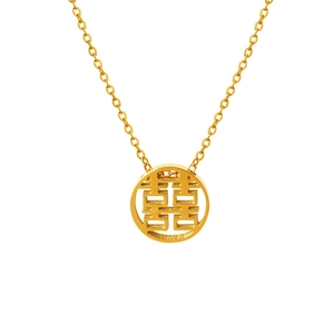 Golden titanium steel necklace featuring a hollow Double Happiness pendant in New Chinese style