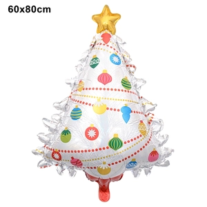 Detailed view of a silver Christmas tree foil balloon with colorful ornaments 60x80cm