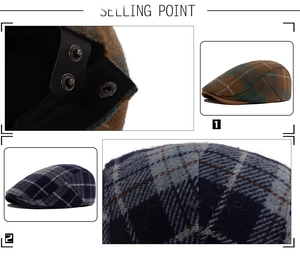 Detail of wool plaid beret with leather adjustment strap and metal button buckle