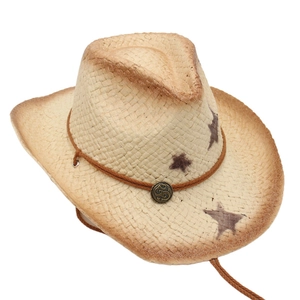 Classic straw western cowboy hat with star prints and metal badge for outdoor sun protection