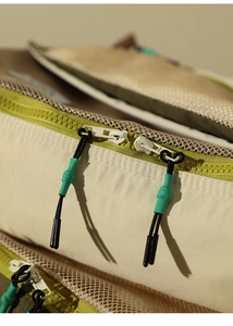 Detail of travel organizer bag featuring mesh fabric and dual non-slip zipper pulls