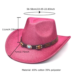 Chapeau de cowboy en laine rose pailleté avec bande en cuir turquoise et dimensions