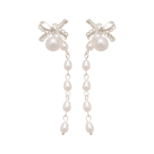 Elegant silver bow earrings with sparkling rhinestones and long white pearl tassels