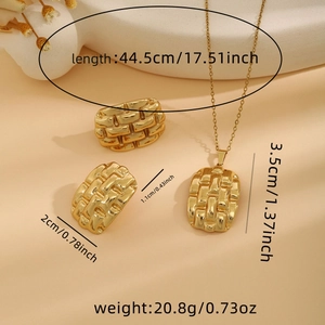 Detailed view of golden textured jewelry set with dimensions for necklace and earrings