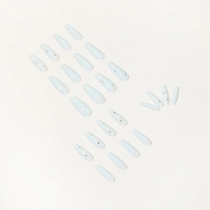 Blue cloud long coffin press on nails with star patterns and sparkling tiny rhinestones