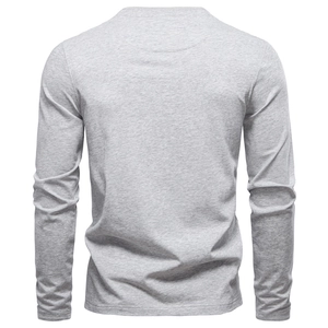 Detailed back view of light gray henley shirt showing premium cotton blend fabric texture