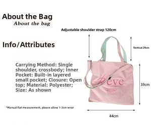 Detailed size specifications for a canvas tote bag with pink and mint green straps