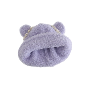 Cute light purple plush knitted hat with bear ears and lace trim for girls