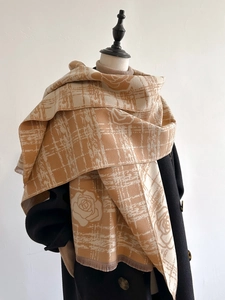 Elegant Rose Floral Plaid Scarf Shawl For Women Imitation Cashmere Thick Warm Double Sided Large Wrap With Tassels