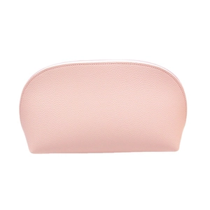 Pink semi-circle PU leather makeup bag with litchi texture and top zipper closure