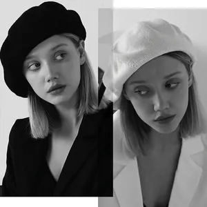 Classic knitted linen beret for women in black and beige colors with a breathable texture