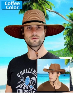 Détail du chapeau de paille café marron à bord large avec mentonnière réglable pour homme