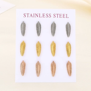 Detailed set of twelve stainless steel feather earrings in silver, gold, and rose gold finishes