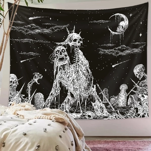 Gothic skull tapestry wall hanging for bedroom decor with black and white melting bone art