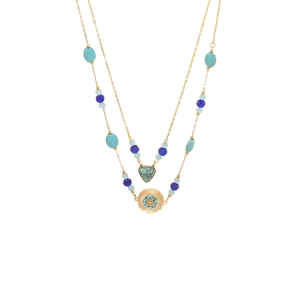 Double-layered gold necklace with turquoise heart pendant and sunburst charm