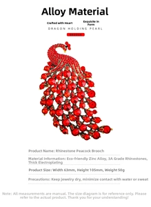 Detailed view of red rhinestone peacock brooch with 105mm height and eco-alloy material