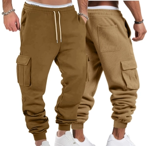 Men's khaki fleece cargo joggers with multi-pocket design and drawstring waist