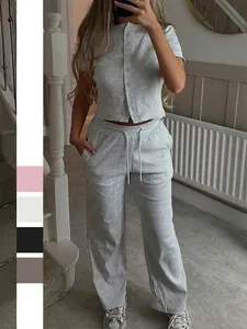 Women Viscose Ribbed Knit Short Sleeve Button Up Top And Wide Leg Drawstring Pants Casual Loungewear Pajamas