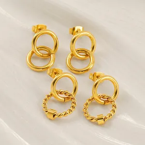 Orecchini A Lobo In Acciaio Inossidabile Placcato Oro 18K Doppi Cerchi Intrecciati Geometrico Moda Per Donne