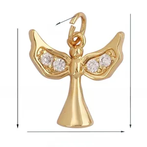 Detail showing a 14mm gold angel pendant with white cubic zirconia wings and hanging ring