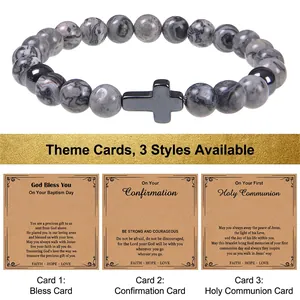 8mm Pink Zebra stone bracelet with black cross and holiday greeting cards set