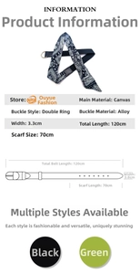 Canvas belt with vintage paisley scarf detail, alloy double ring buckle, 120cm length