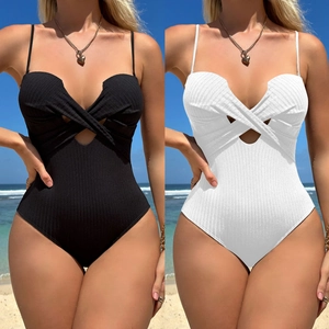 Sexy Ribbed One-Piece Swimsuit For Women Twist Front Cut Out Backless High Cut Bathing Suit Monokini Beachwear