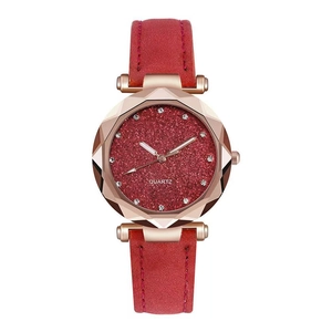 Women's quartz watch with red starry sky dial and rose gold case on red leather strap
