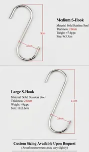 Size comparison chart for medium and large stainless steel S-hooks with measurements