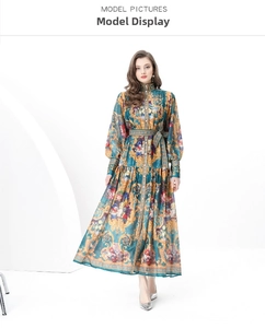 Detail of baroque print dress with stand collar and elegant lantern sleeves