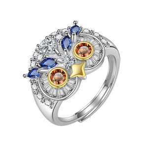 Retro S925 sterling silver owl ring with blue and orange cubic zirconia accents