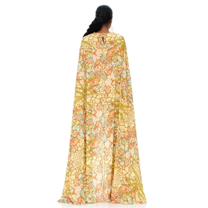Back view of a floor-length ethnic print cover-up with vibrant geometric patterns