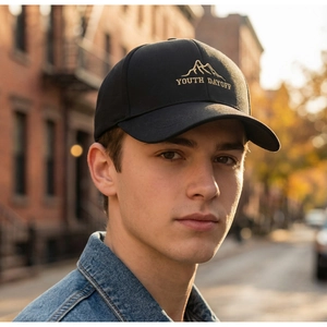 Outdoor street style shot of a black baseball cap featuring golden mountain embroidery