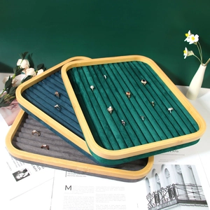 Jewelry Display Tray Bamboo Wooden Ring Storage Organizer Velvet Lining Showcase Holder For Earring Studs