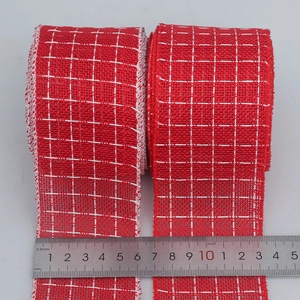 Christmas red burlap ribbons with white stitched plaid and wired edges, 6.5cm width
