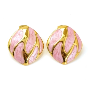 Vintage gold-plated stainless steel earrings with pink enamel heart-shaped oil drip