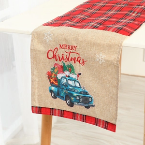 Christmas Table Runner Red Black Plaid Linen Fabric Vintage Blue Truck Merry Christmas Print Rustic Holiday Dining Decor