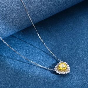925 silver necklace with heart-shaped yellow diamond pendant and double halo stones