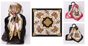 Macro detail of silk square scarf featuring equestrian chain prints on black and gold fabric