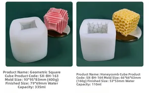 Detail of geometric layered cube and honeycomb silicone molds for DIY candle making